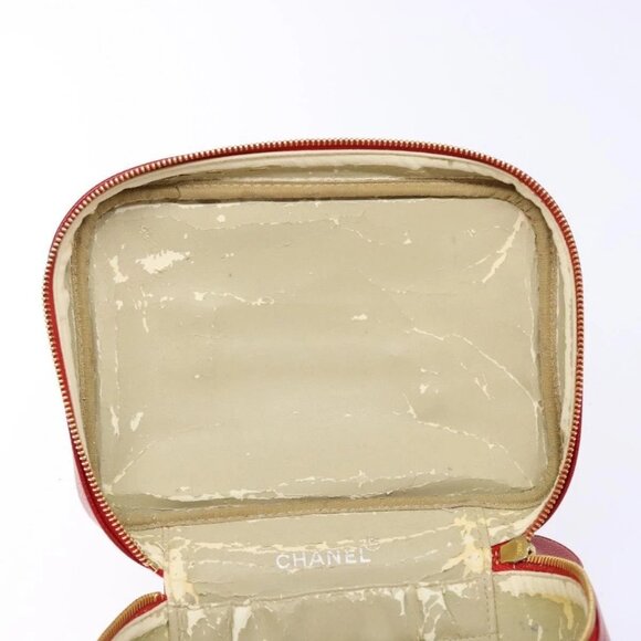 CHANEL Vanity COCO Mark Cosmetic Pouch Grained Calf Skin Red Gold CC Auth 141426 - Picture 12 of 16